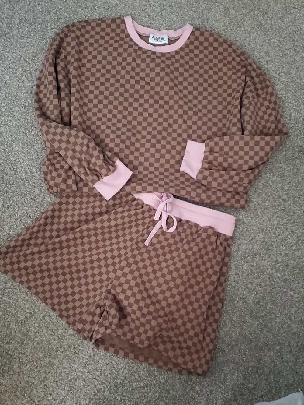 Checked Brown Lounge Set with Pink Trim